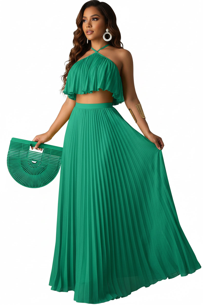 Green Pleated Maxi Dress Set