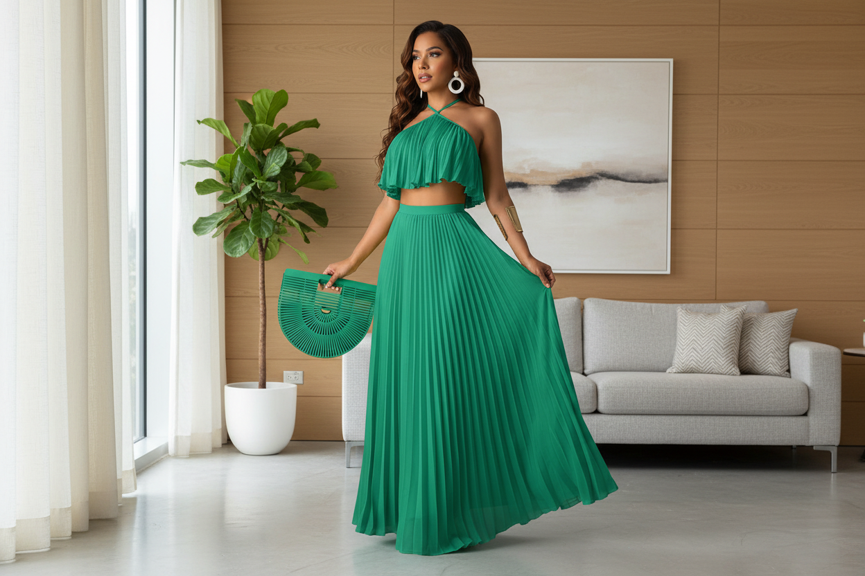 Green Pleated Maxi Dress Set