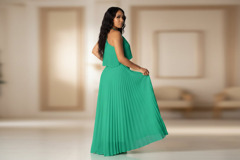 Green Pleated Maxi Dress Set